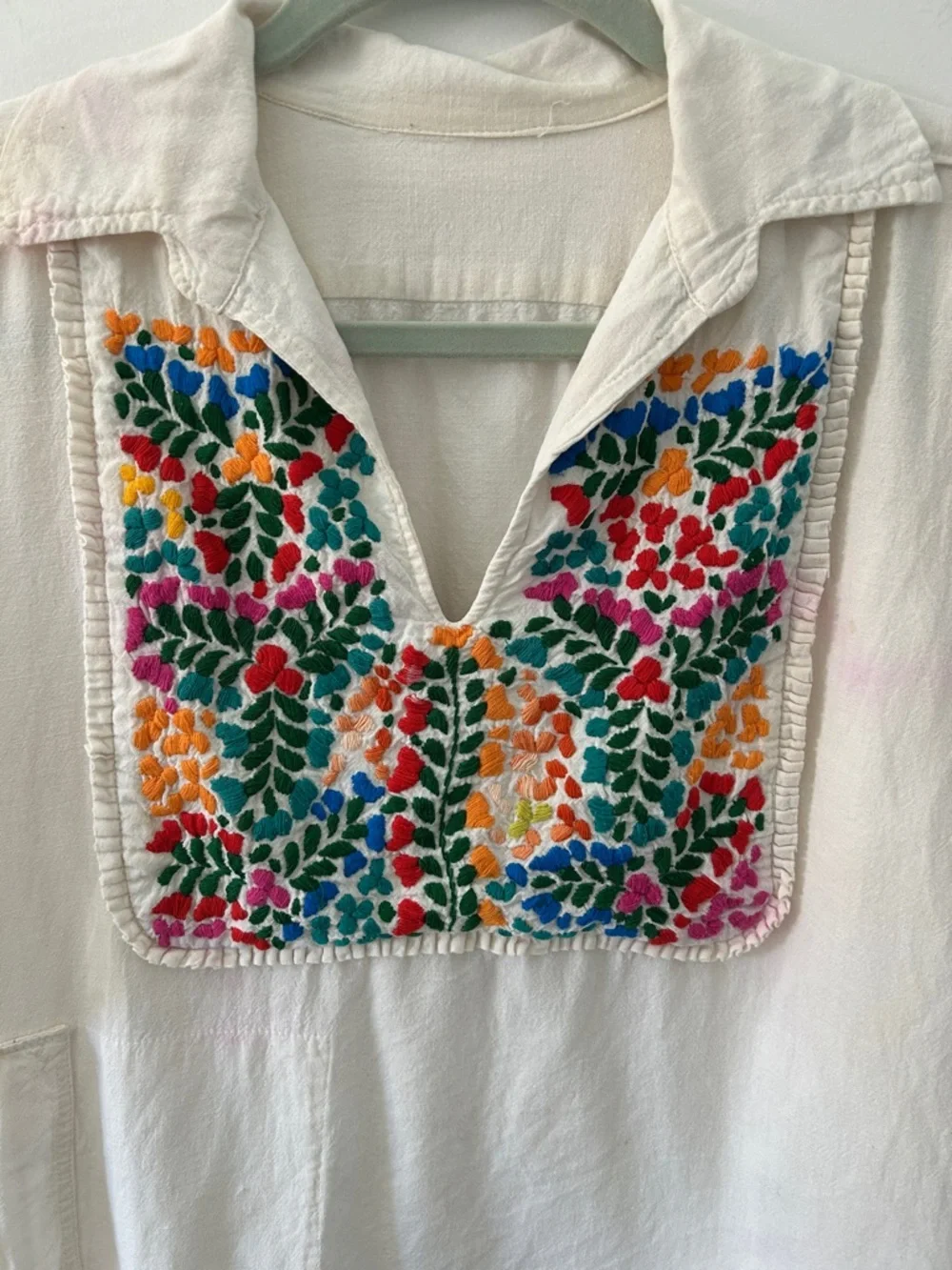 Vintage Embroidered Boho Pullover Top - Hippie Floral Bib and Wide Collar - Picture 2 of 16